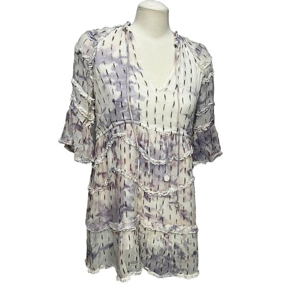 Hemant & Nandita Vivian Color Gold Splash Peasant Dress Sz XS Womens Purple Shee - Picture 4 of 14